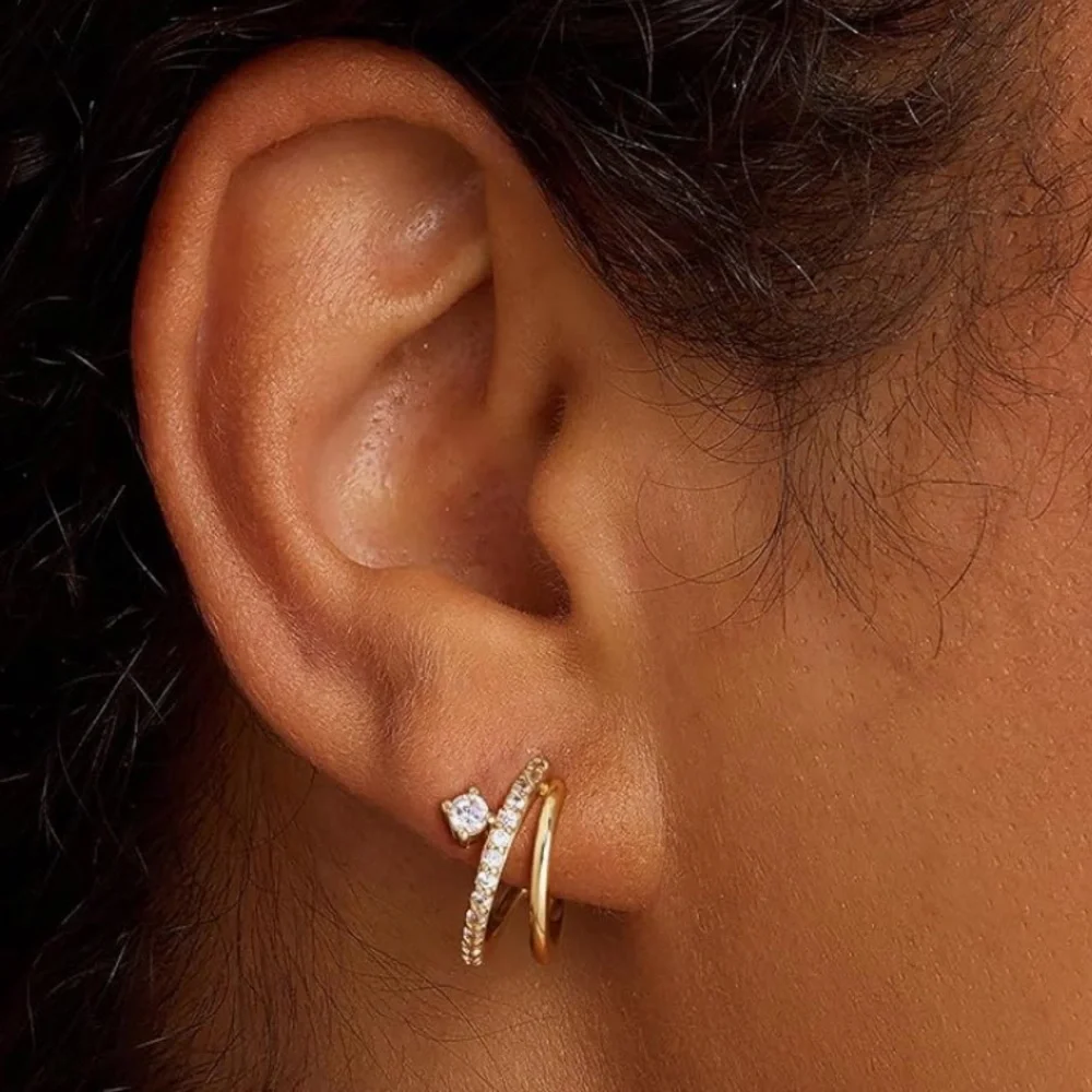 14k Gold CZ Illusion Triple Piercing Dainty Hoops and Stud Earrings - Picture 3 of 6